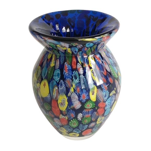 Millefiori Cobalt Blue Art Glass Bouquet Vase 7in Tall Heavy! - Picture 4 of 12